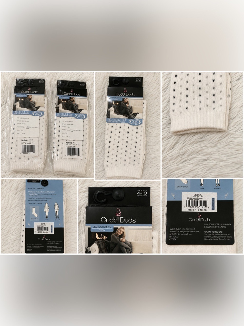 Cuddl Duds Plushfill 360 Leg Layering Crew Socks Ivory Heart Print Size 4-10